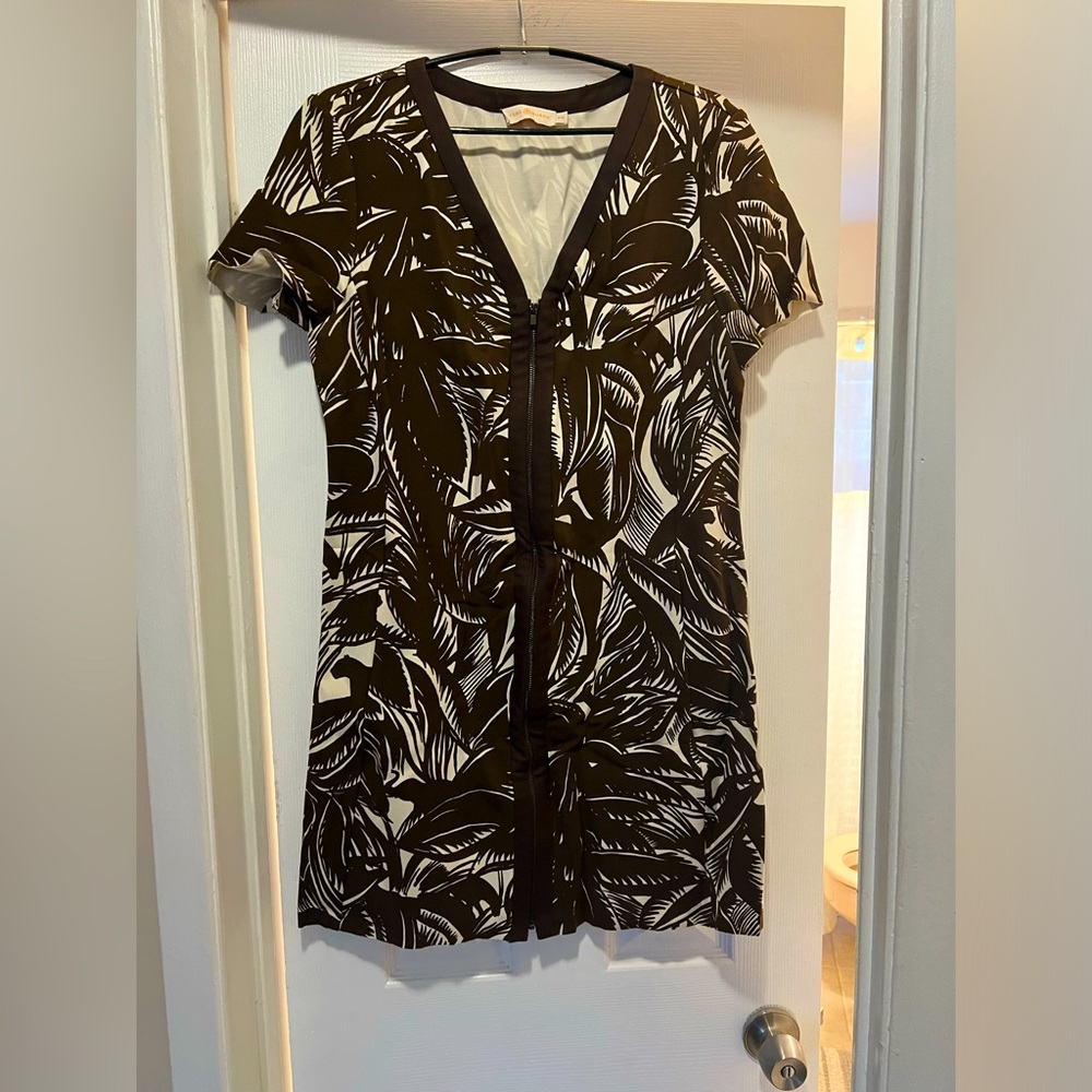 Tory Burch cream/brown tropical dress with front zipper - size medium